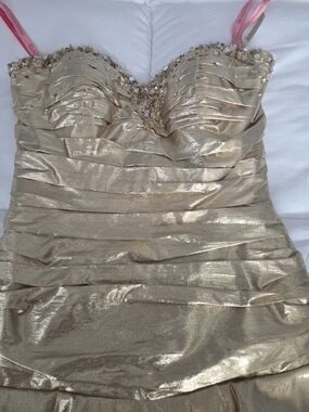 Maggie Sottero Metallic Gold Strapless Ruffled Hem Dress